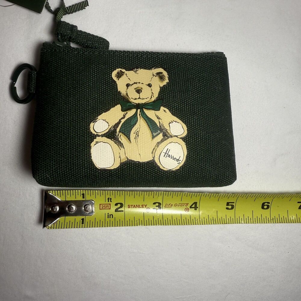 Harrods Teddy Bear Coin Purse Green Canvas Zip Mini Logo Pouch NWT - Picture 3 of 6